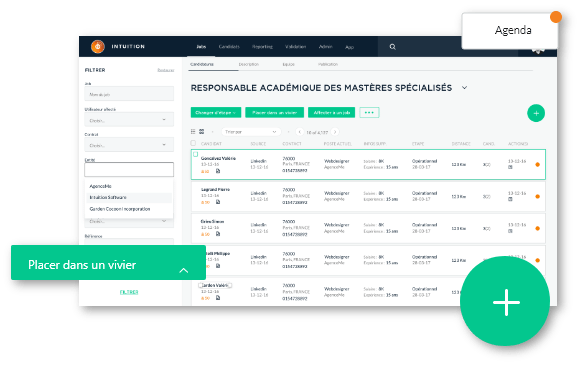 Example of candidate management, a list of candidates and their information and the possibility of placing them in a pool in the tool.